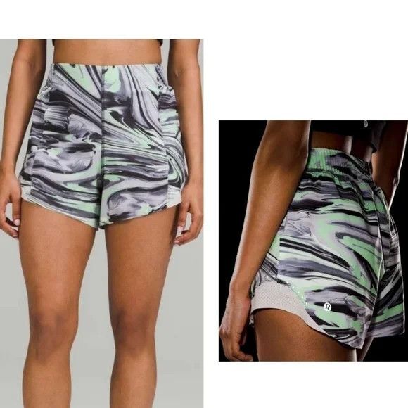Lululemon Hotty Hot Shorts 4" Paint Glide Green Warp Multi/Chrome Running Gym 6 - Picture 1 of 7